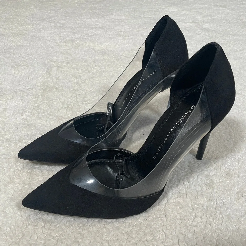 Zara Black Clear PVC Vinyl Pointed Toe Stiletto Pumps Faux Suede Glam Vamp 37